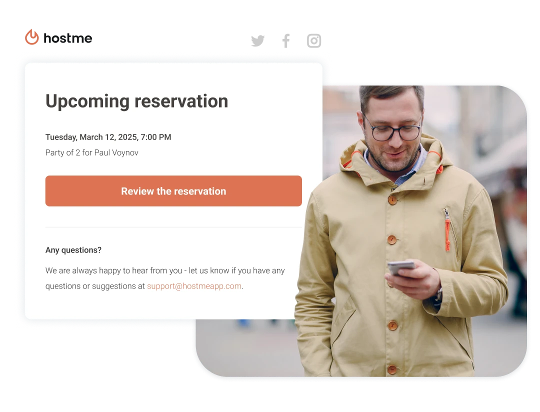 A screenshot of a reminder from the Hostme system next to a man looking at his smartphone.